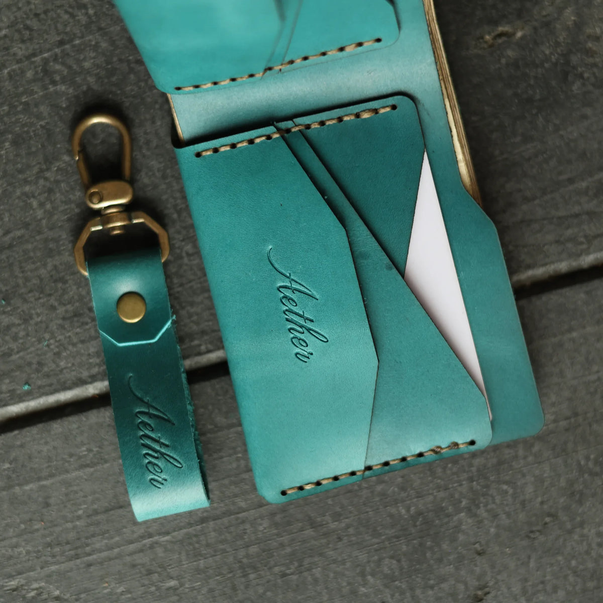 Aether blue leather bifold wallet and keychain from above