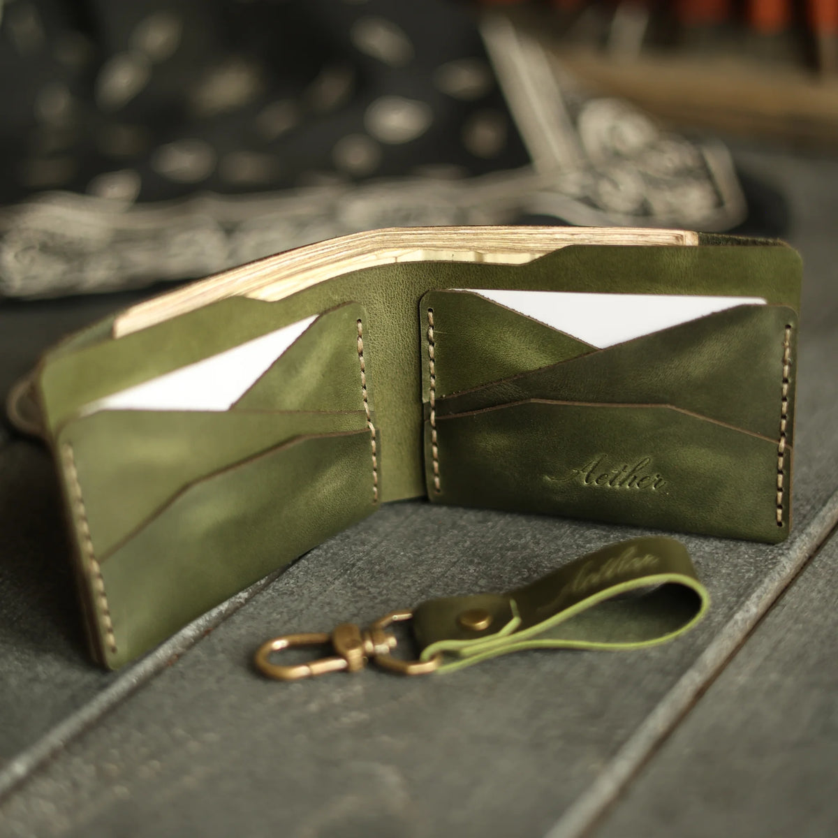 Olive Green Leather Bifold Wallet