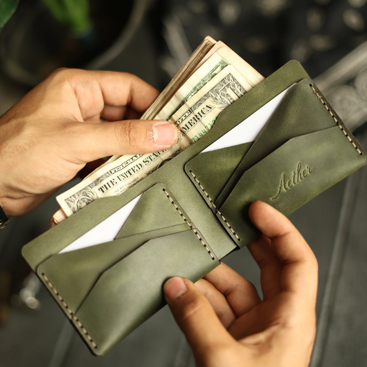 Olive Green Leather Bifold Wallet
