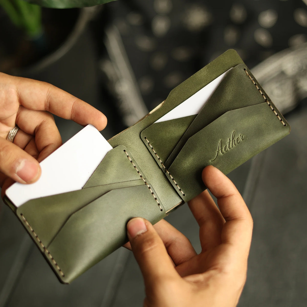 Olive Green Leather Bifold Wallet