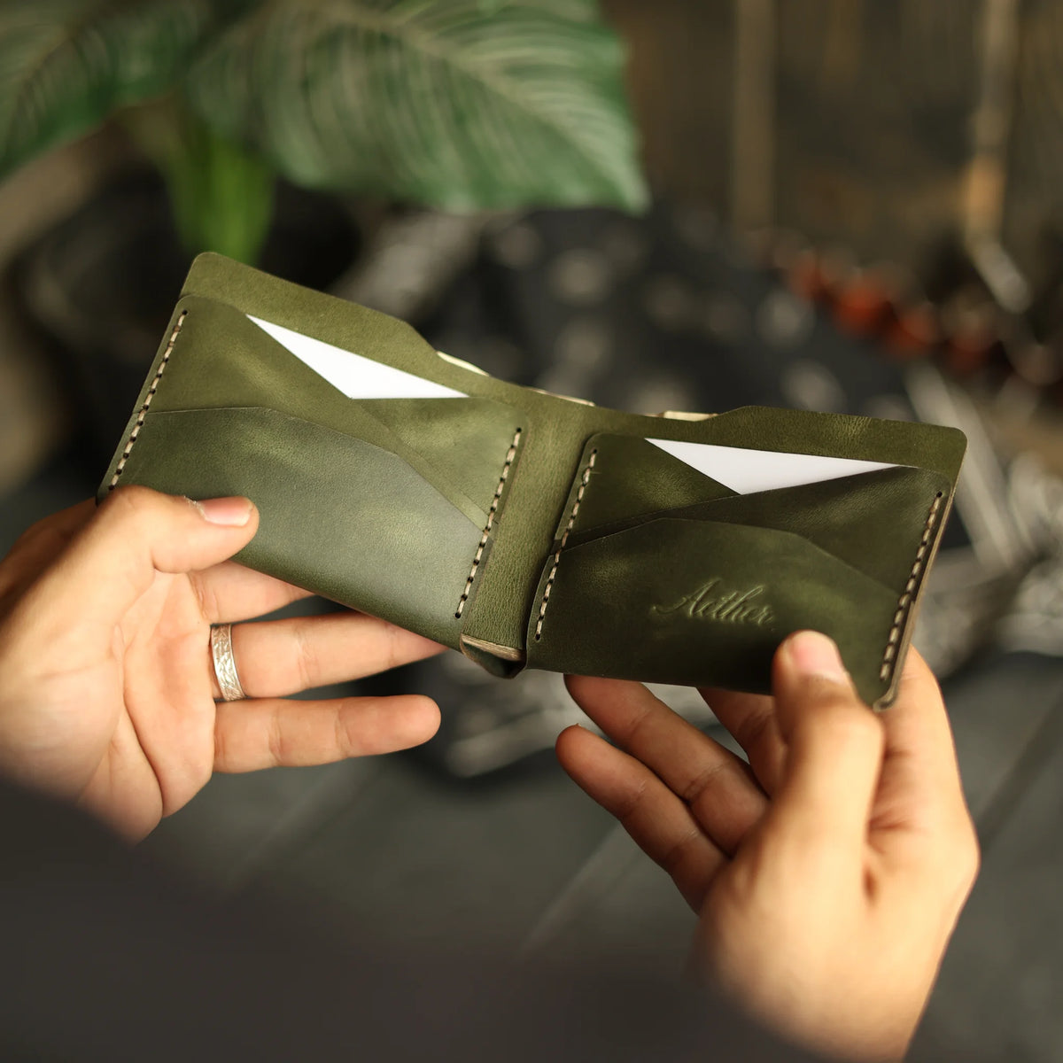 Olive Green Leather Bifold Wallet