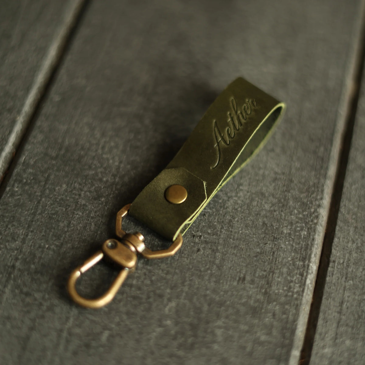 Olive Green Leather Keychain